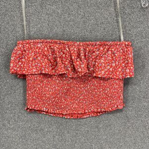 American Eagle Off Shoulder Crop Top Womens XS Red Floral Smocked Ruffle Summer